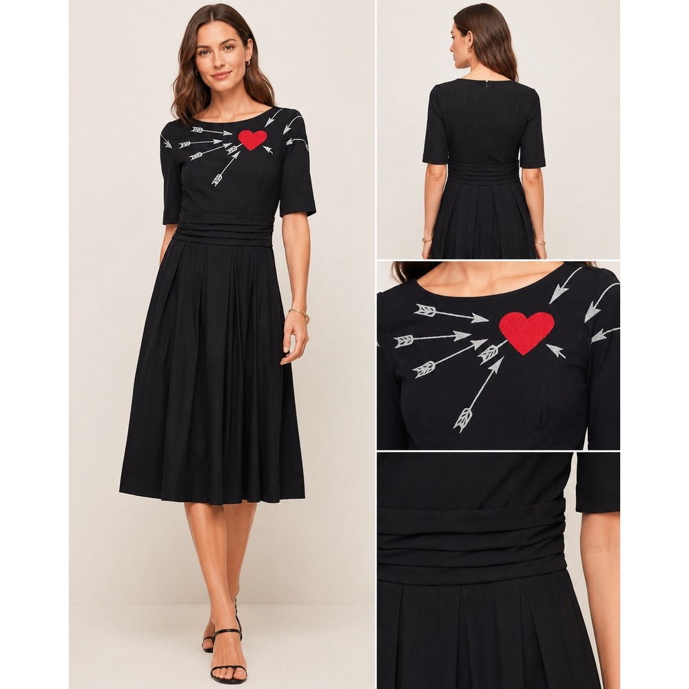 Wayward Fancies eShakti Dress Women 8 Black‎ Heart Arrow Embroidered Retro Flare